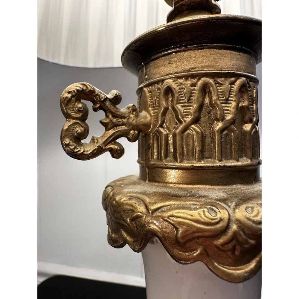 Vintage Tyndale China Table Lamp White Porcelain Brass Tone Ornate Handles Pleat